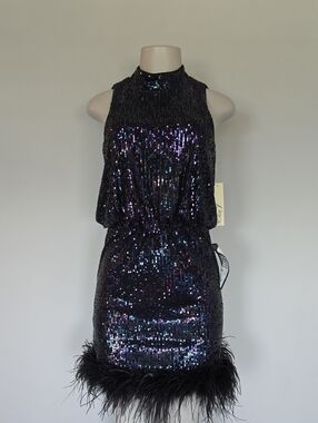 Eliza J black mesh sequin sleeveless dress- feather trim-6